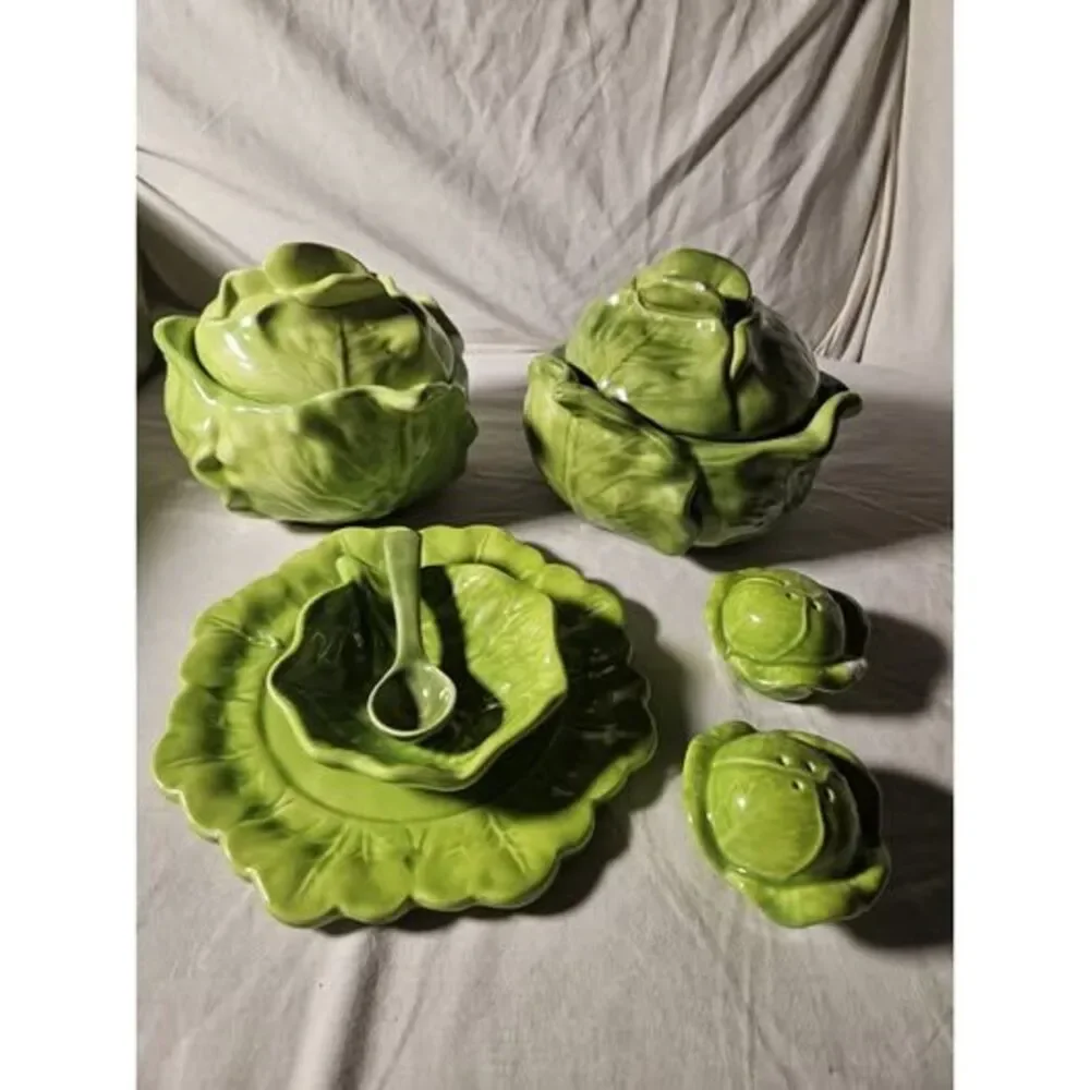 Vintage 1956 Holland Mold 9 Peice Green Cabbage Lettuce Ware Set 2 Tureen Spoon